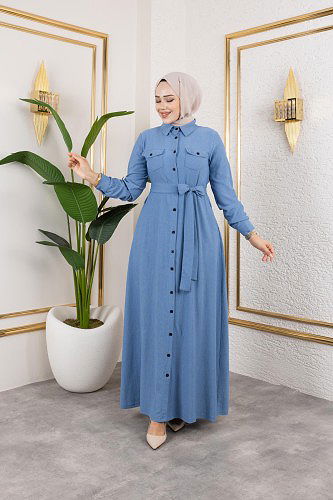 Ön Düğmeli Gizli Cep Detaylı Elbise-5029 Bebe mavisi - Thumbnail