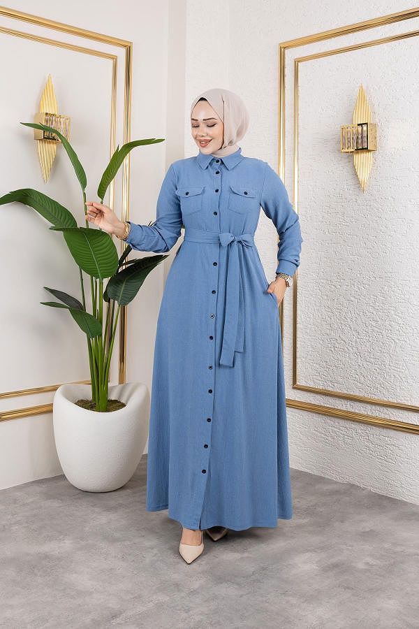 Ön Düğmeli Gizli Cep Detaylı Elbise-5029 Bebe mavisi