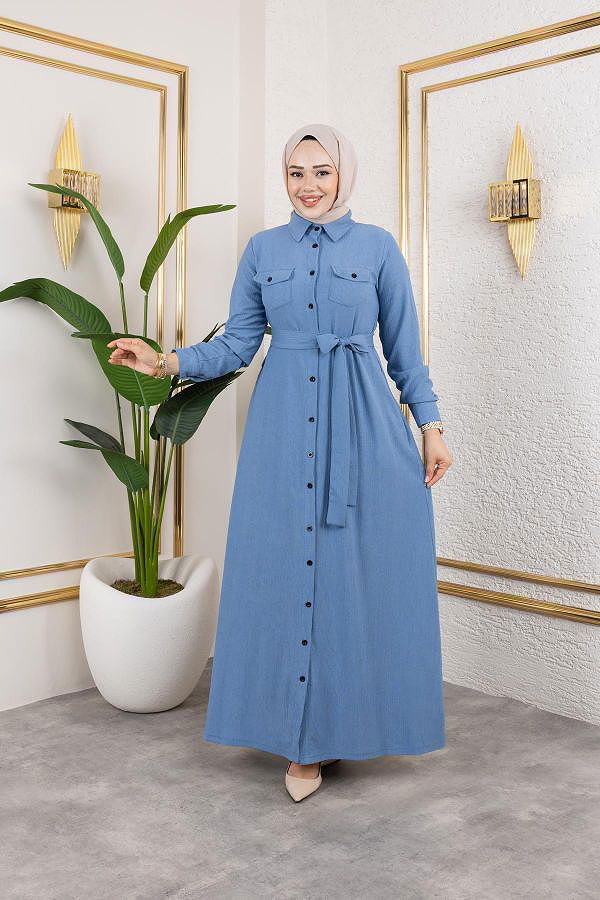 Ön Düğmeli Gizli Cep Detaylı Elbise-5029 Bebe mavisi