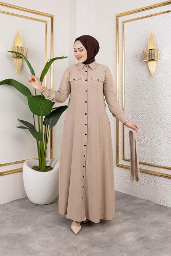 Ön Düğmeli Gizli Cep Detaylı Elbise-5029 Bej - Thumbnail