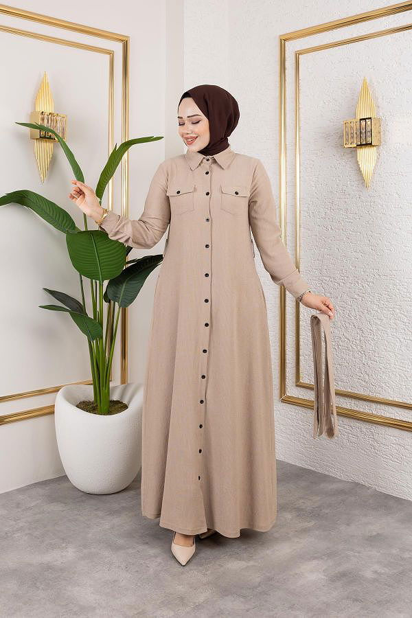 Ön Düğmeli Gizli Cep Detaylı Elbise-5029 Bej