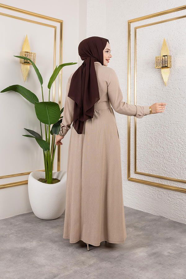 Ön Düğmeli Gizli Cep Detaylı Elbise-5029 Bej