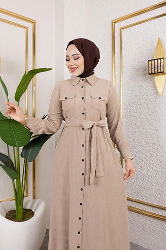 Ön Düğmeli Gizli Cep Detaylı Elbise-5029 Bej - Thumbnail