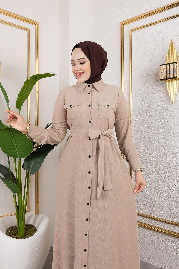 Ön Düğmeli Gizli Cep Detaylı Elbise-5029 Bej
