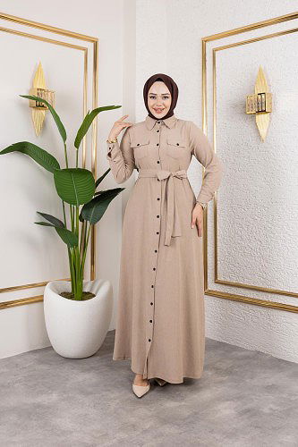 Ön Düğmeli Gizli Cep Detaylı Elbise-5029 Bej - Thumbnail
