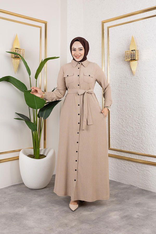 Ön Düğmeli Gizli Cep Detaylı Elbise-5029 Bej