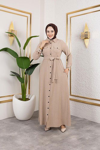 Ön Düğmeli Gizli Cep Detaylı Elbise-5029 Bej - Thumbnail