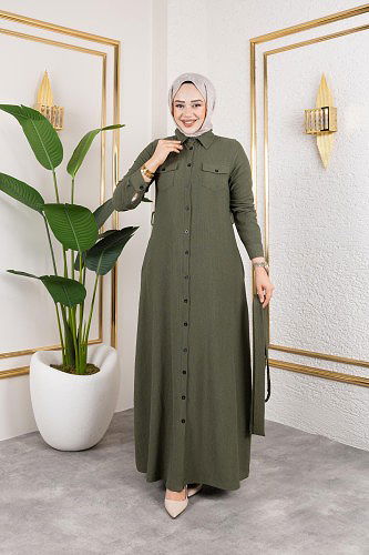 Modaebva - Ön Düğmeli Gizli Cep Detaylı Elbise-5029 Haki yeşili (1)