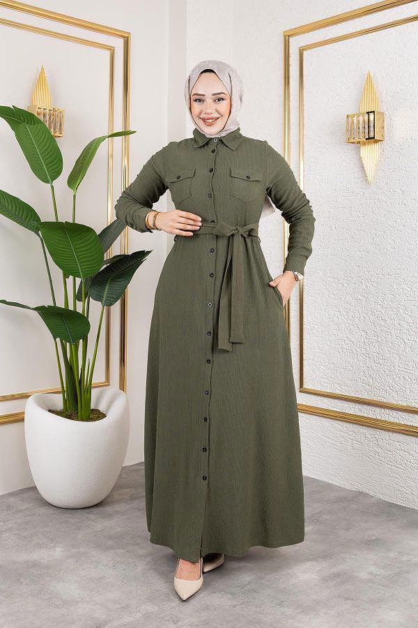 Ön Düğmeli Gizli Cep Detaylı Elbise-5029 Haki yeşili