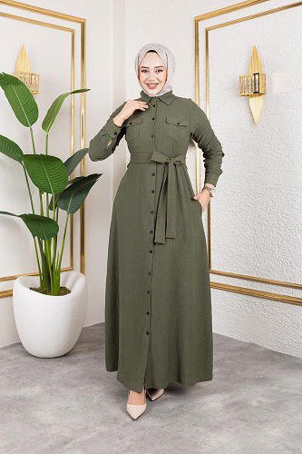 Ön Düğmeli Gizli Cep Detaylı Elbise-5029 Haki yeşili - Thumbnail
