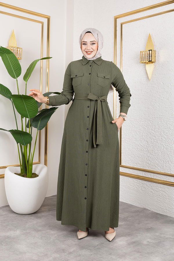 Ön Düğmeli Gizli Cep Detaylı Elbise-5029 Haki yeşili