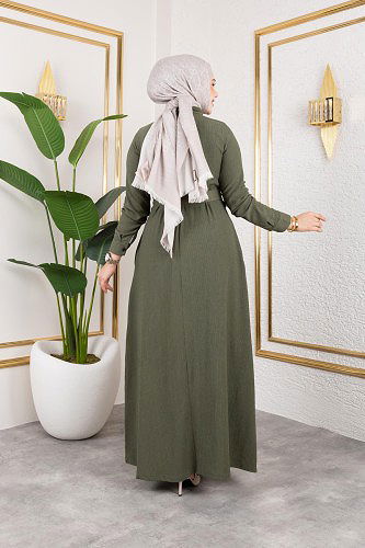 Ön Düğmeli Gizli Cep Detaylı Elbise-5029 Haki yeşili - Thumbnail