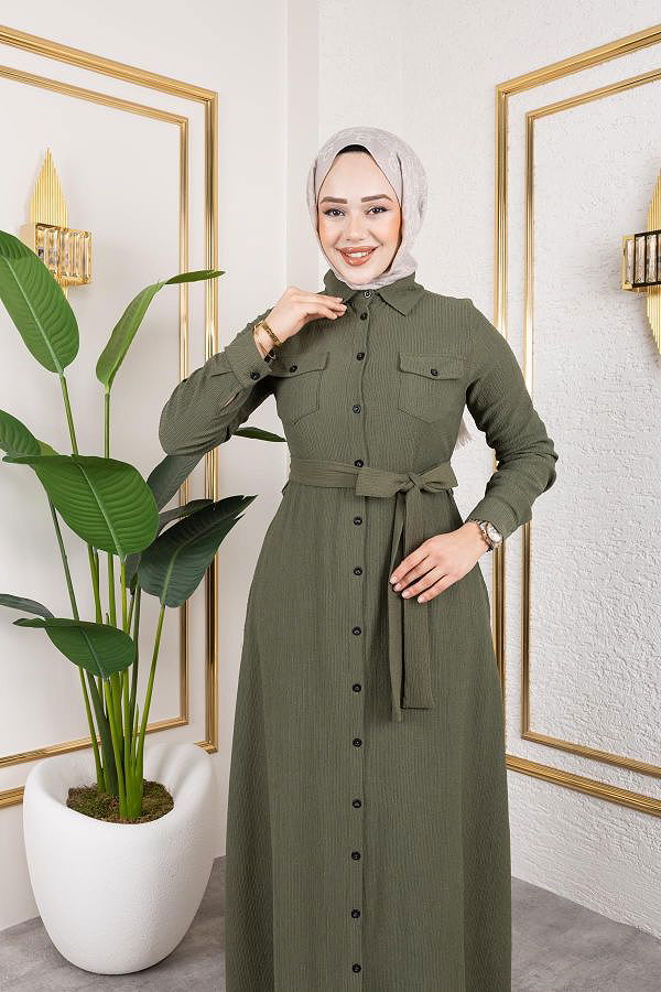Ön Düğmeli Gizli Cep Detaylı Elbise-5029 Haki yeşili