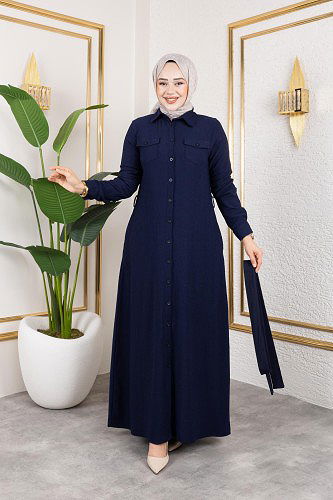 Ön Düğmeli Gizli Cep Detaylı Elbise-5029 Lacivert - Thumbnail