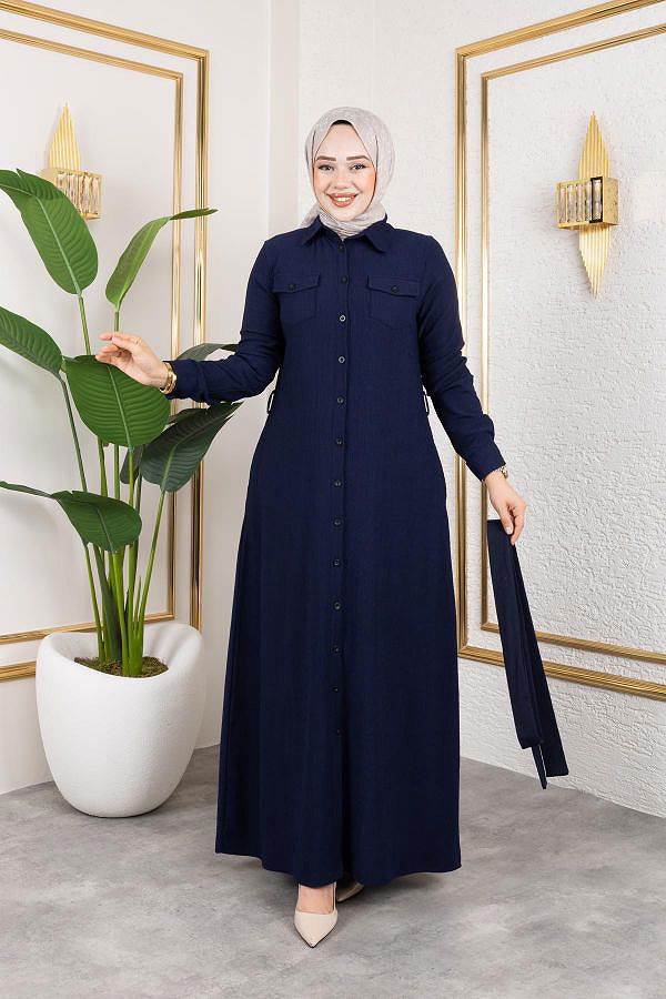 Ön Düğmeli Gizli Cep Detaylı Elbise-5029 Lacivert