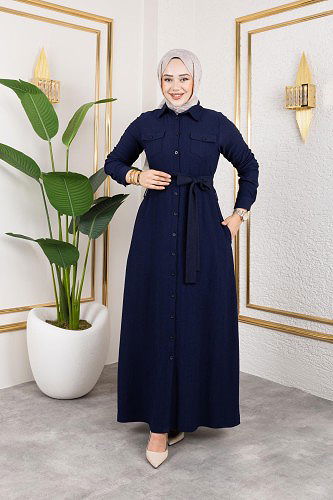 Ön Düğmeli Gizli Cep Detaylı Elbise-5029 Lacivert - Thumbnail