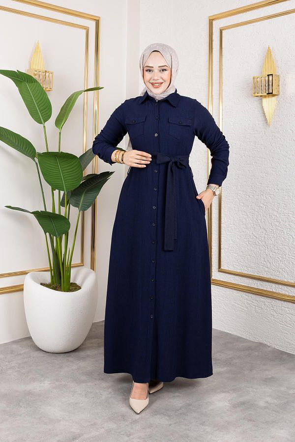 Ön Düğmeli Gizli Cep Detaylı Elbise-5029 Lacivert