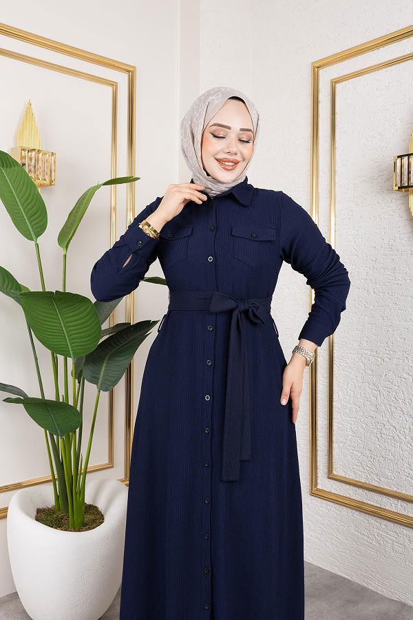 Ön Düğmeli Gizli Cep Detaylı Elbise-5029 Lacivert