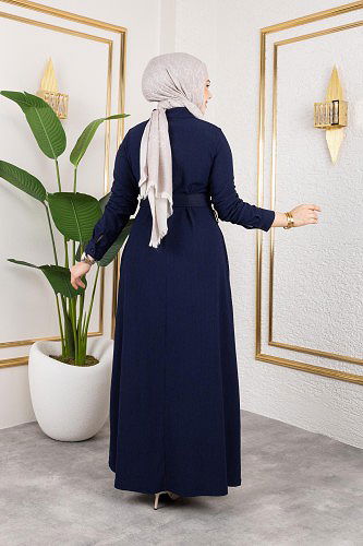 Ön Düğmeli Gizli Cep Detaylı Elbise-5029 Lacivert - Thumbnail