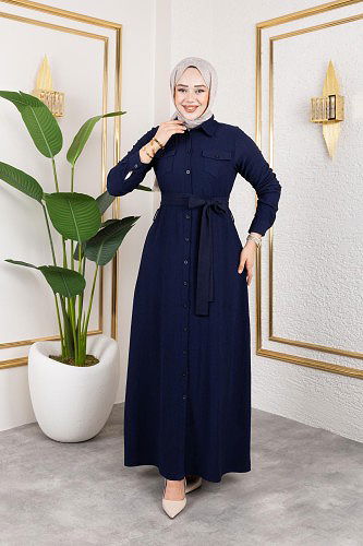 Ön Düğmeli Gizli Cep Detaylı Elbise-5029 Lacivert - Thumbnail