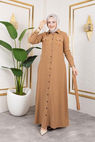 Ön Düğmeli Gizli Cep Detaylı Elbise-5029 Latte - Thumbnail