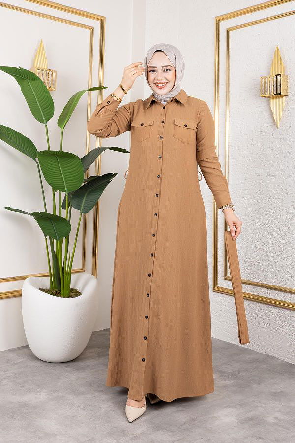 Ön Düğmeli Gizli Cep Detaylı Elbise-5029 Latte