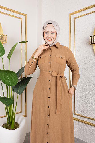 Ön Düğmeli Gizli Cep Detaylı Elbise-5029 Latte - Thumbnail