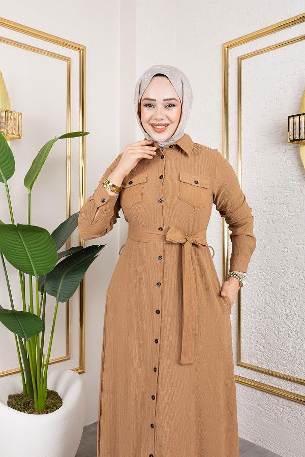Ön Düğmeli Gizli Cep Detaylı Elbise-5029 Latte