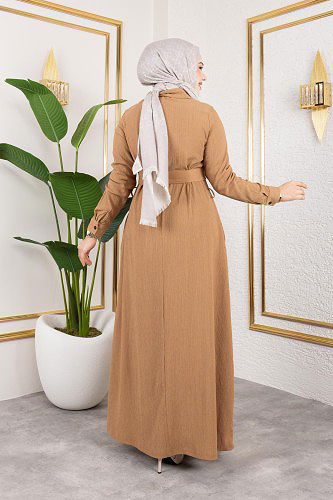 Ön Düğmeli Gizli Cep Detaylı Elbise-5029 Latte - Thumbnail