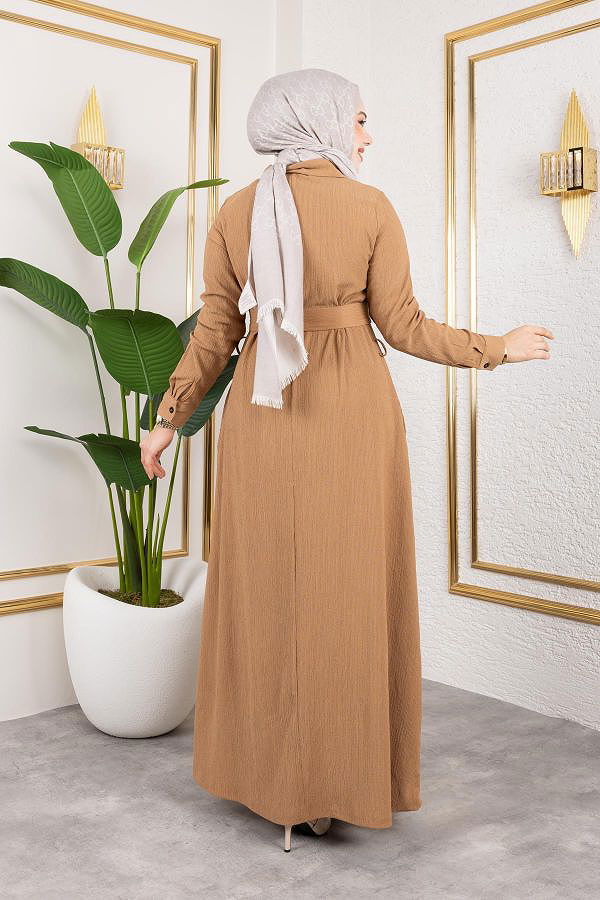 Ön Düğmeli Gizli Cep Detaylı Elbise-5029 Latte