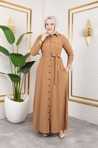 Ön Düğmeli Gizli Cep Detaylı Elbise-5029 Latte - Thumbnail