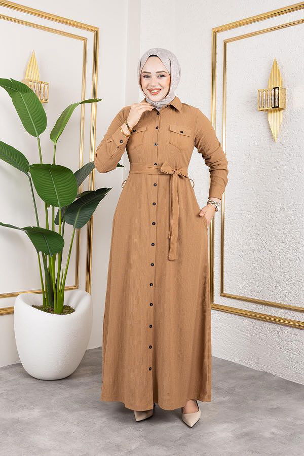 Ön Düğmeli Gizli Cep Detaylı Elbise-5029 Latte
