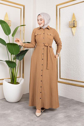 Modaebva - Ön Düğmeli Gizli Cep Detaylı Elbise-5029 Latte