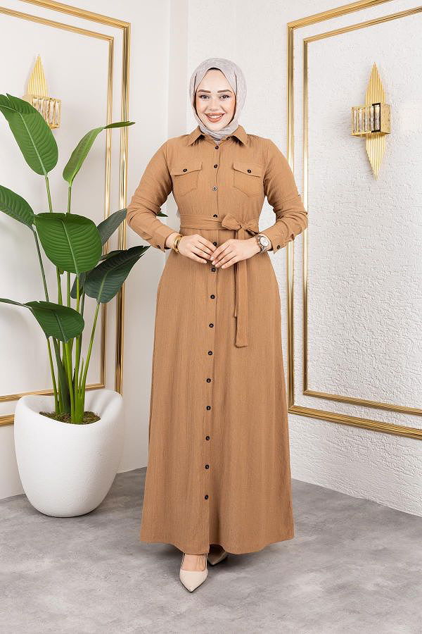 Ön Düğmeli Gizli Cep Detaylı Elbise-5029 Latte