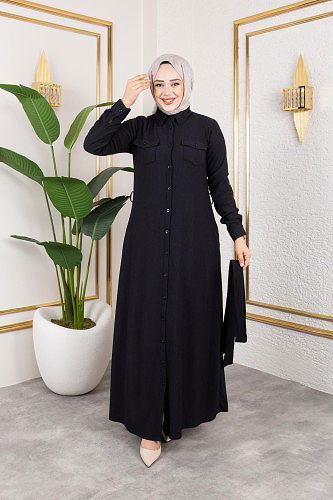 Ön Düğmeli Gizli Cep Detaylı Elbise-5029 Siyah - Thumbnail