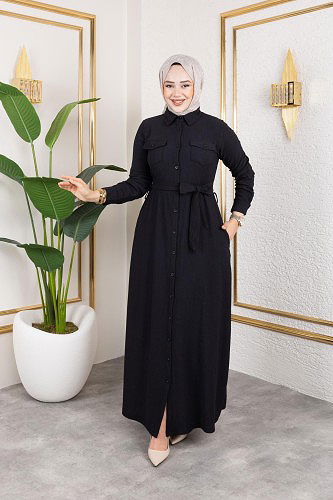 Modaebva - Ön Düğmeli Gizli Cep Detaylı Elbise-5029 Siyah