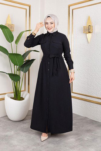 Ön Düğmeli Gizli Cep Detaylı Elbise-5029 Siyah - Thumbnail