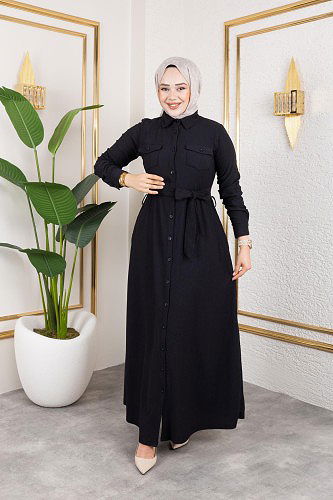 Ön Düğmeli Gizli Cep Detaylı Elbise-5029 Siyah - Thumbnail