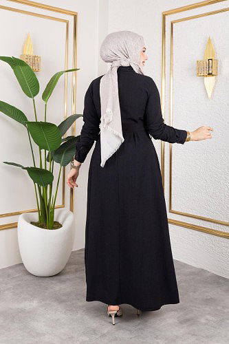 Ön Düğmeli Gizli Cep Detaylı Elbise-5029 Siyah - Thumbnail