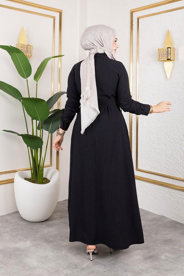 Ön Düğmeli Gizli Cep Detaylı Elbise-5029 Siyah