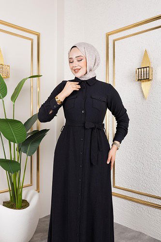 Ön Düğmeli Gizli Cep Detaylı Elbise-5029 Siyah - Thumbnail