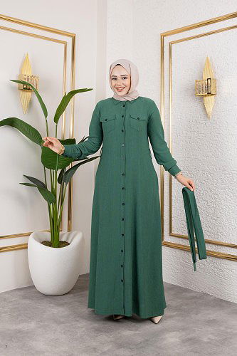 Ön Düğmeli Gizli Cep Detaylı Elbise-5029 Yeşil - Thumbnail