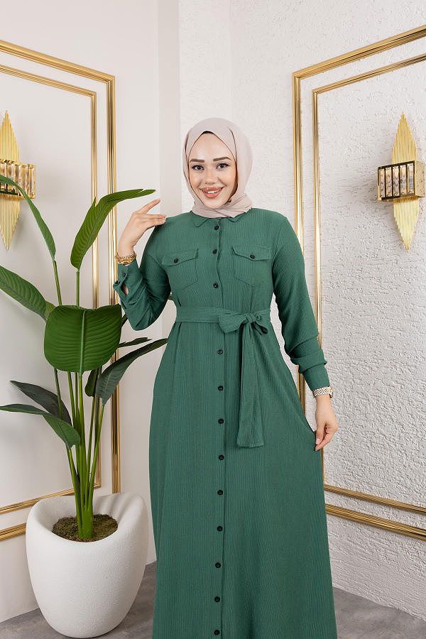 Ön Düğmeli Gizli Cep Detaylı Elbise-5029 Yeşil