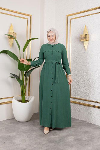 Ön Düğmeli Gizli Cep Detaylı Elbise-5029 Yeşil - Thumbnail