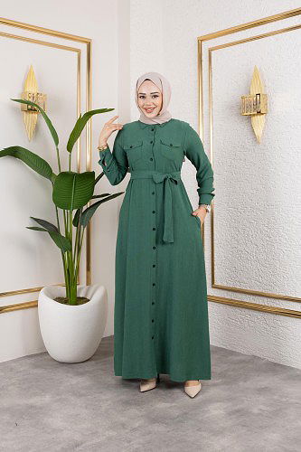 Ön Düğmeli Gizli Cep Detaylı Elbise-5029 Yeşil - Thumbnail
