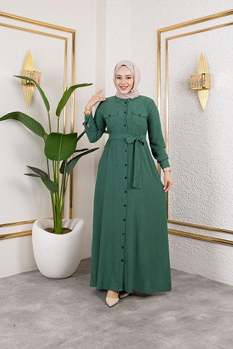Ön Düğmeli Gizli Cep Detaylı Elbise-5029 Yeşil - Thumbnail