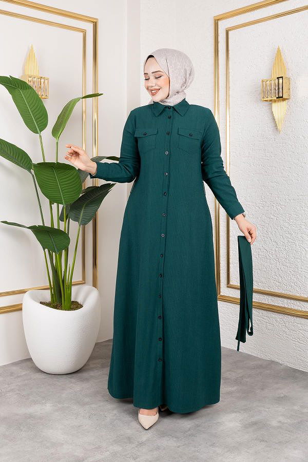 Ön Düğmeli Gizli Cep Detaylı Elbise-5029 Zümrüt yeşili
