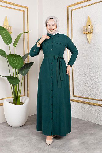 Ön Düğmeli Gizli Cep Detaylı Elbise-5029 Zümrüt yeşili - Thumbnail
