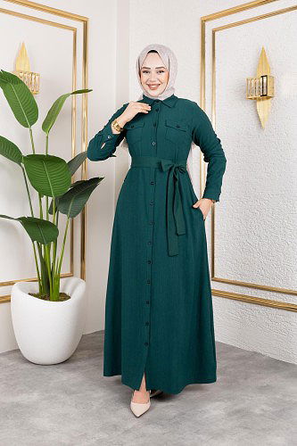 Modaebva - Ön Düğmeli Gizli Cep Detaylı Elbise-5029 Zümrüt yeşili