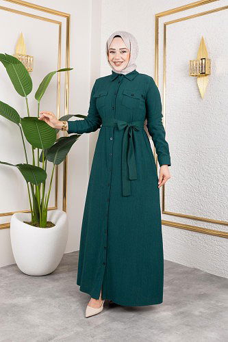 Ön Düğmeli Gizli Cep Detaylı Elbise-5029 Zümrüt yeşili - Thumbnail